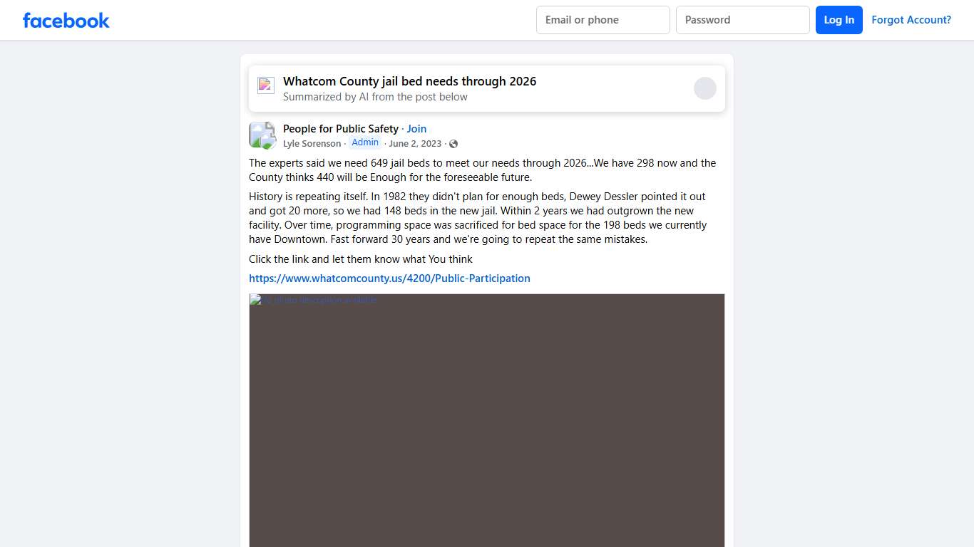 People for Public Safety The experts said we need 649 jail beds to meet our needs through 2026...We have 298 now and the County thinks 440 will be Enough for the foreseeable f... Facebook