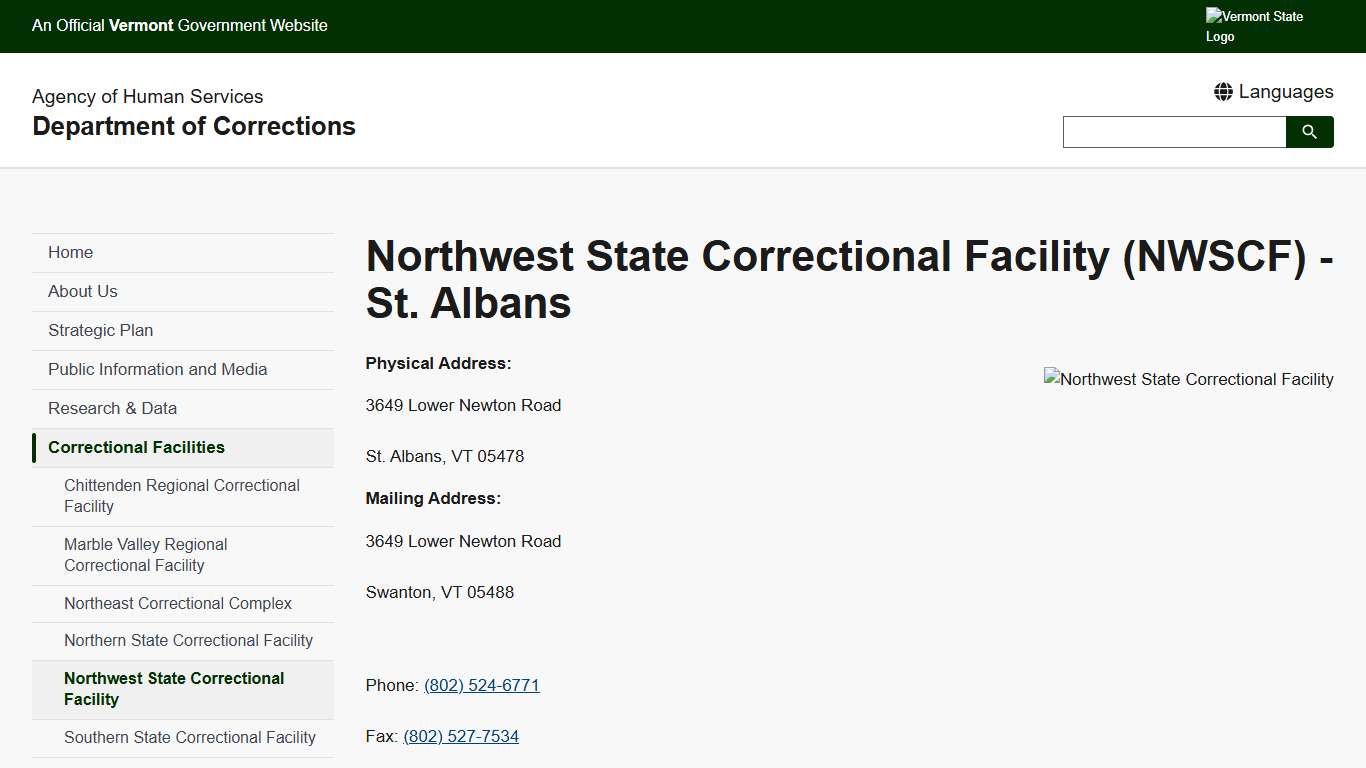 Northwest State Correctional Facility (NWSCF) - St. Albans Department of Corrections